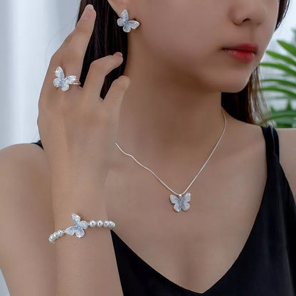 Blue Crystal Butterfly Necklace Set with gradient alloy accents and snake bones chain