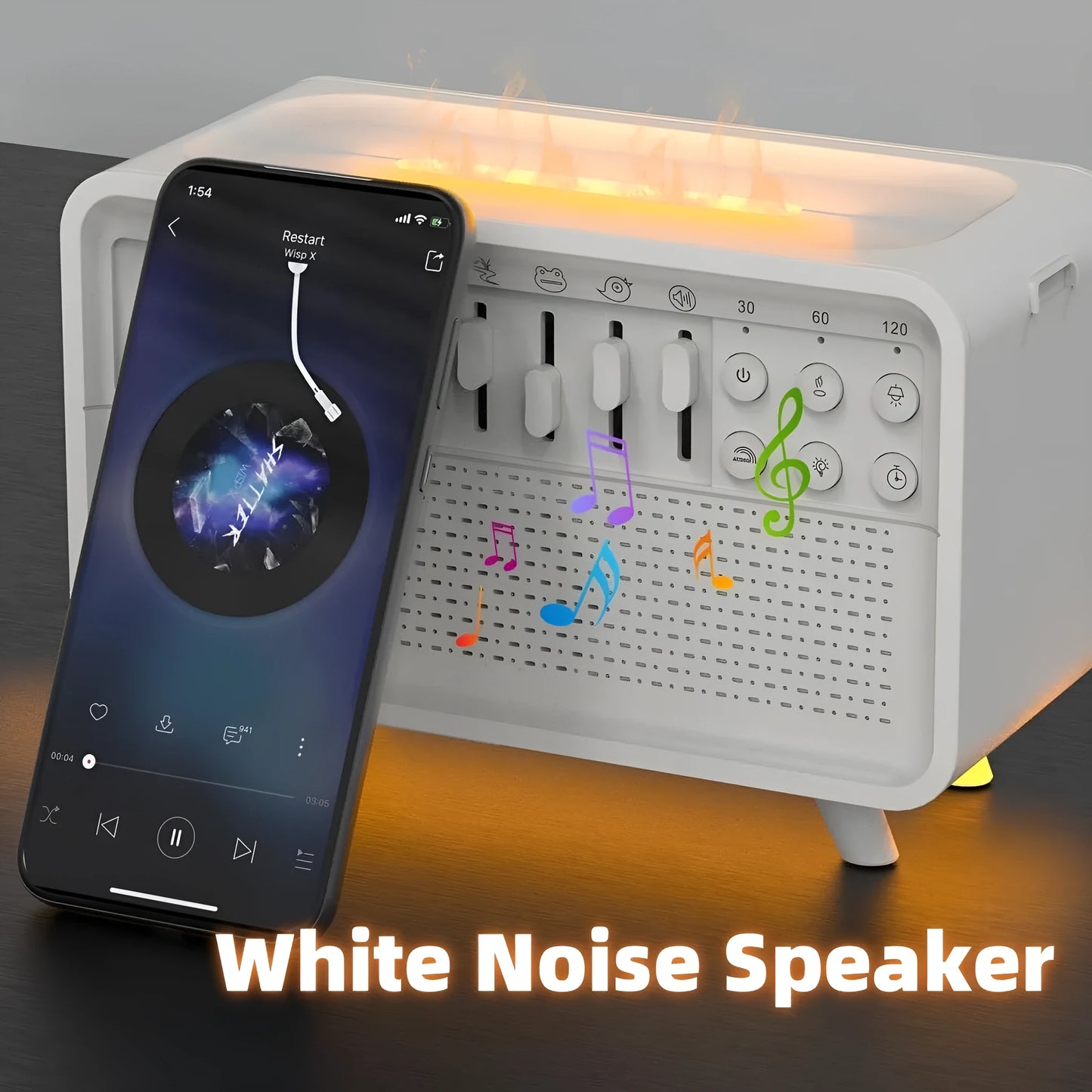 White geometric 3-in-1 Bluetooth speaker with humidifier and night light measuring 200mm wide