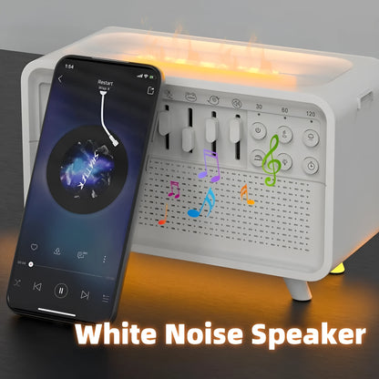 White geometric 3-in-1 Bluetooth speaker with humidifier and night light measuring 200mm wide