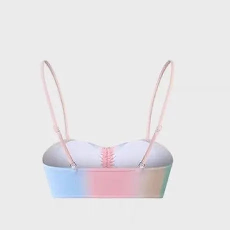 Women's lace-up front triangle top bikini swimsuit in a colour-matching style.