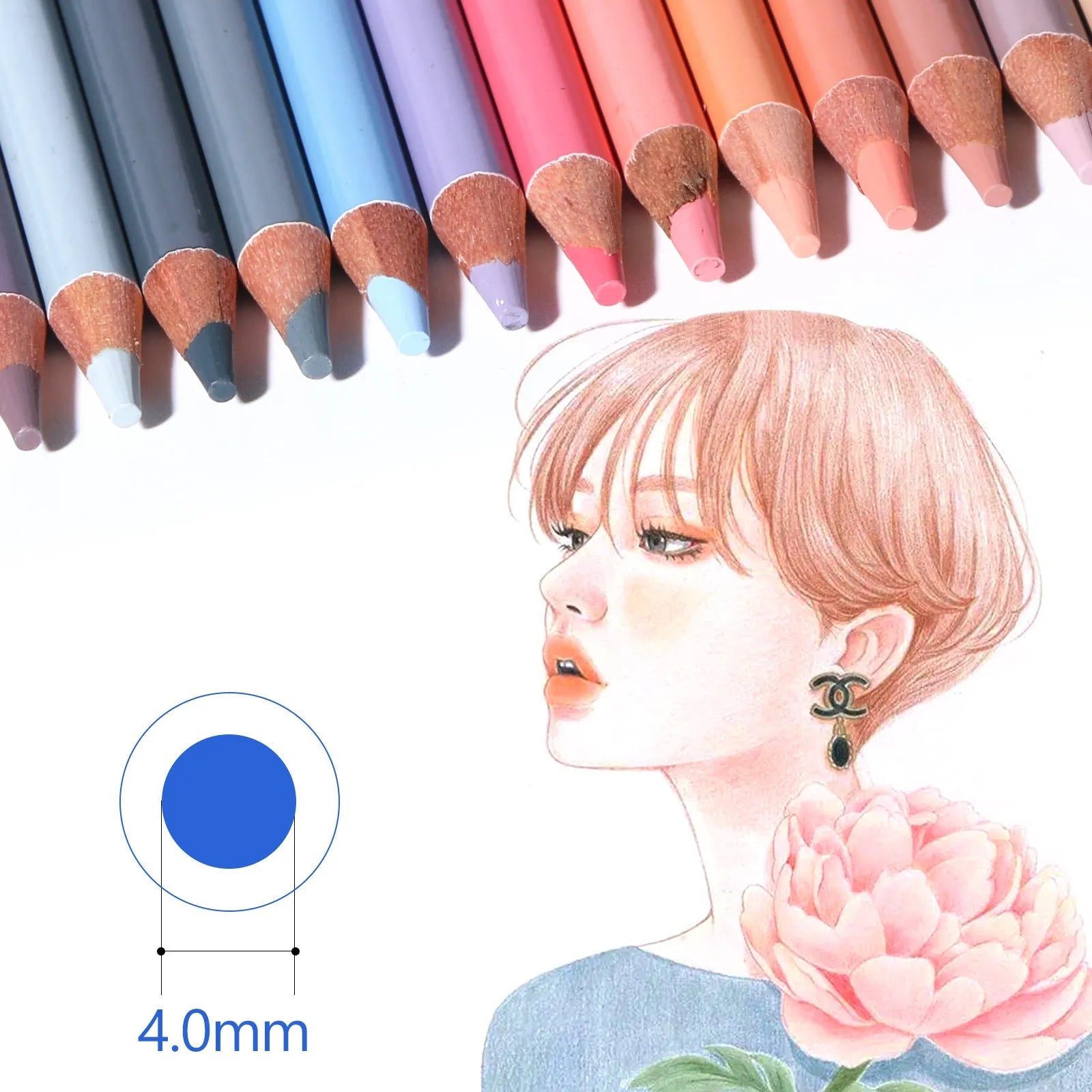 Set of 24 skin tone colour art pencils and HB refills in a round iron box brush pot.
