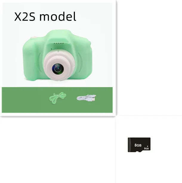 Colourful kids digital camera with silicone case showing 2-inch screen and lens.