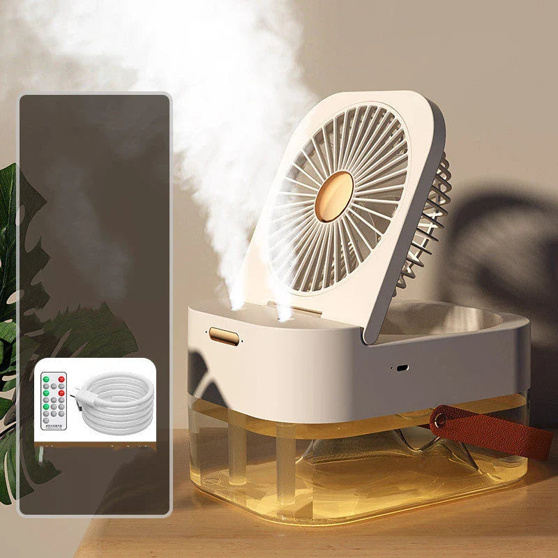 Dual-function cooling and humidifying fan with night light, featuring a sleek design, remote control, and adjustable settings for maximum comfort and relaxation.