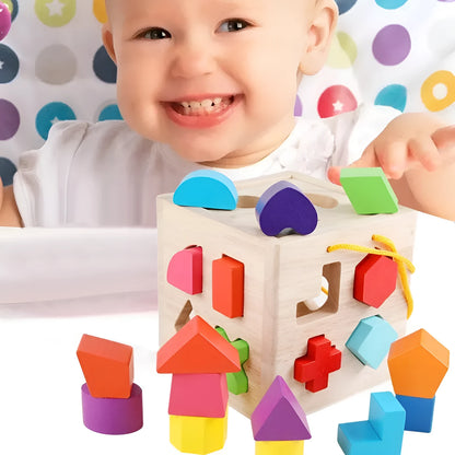Wooden geometric shape matching building blocks with intelligence boxes for infants educational toy