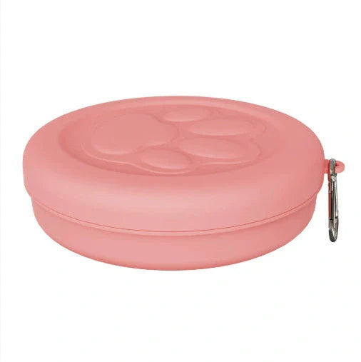 Collapsible dog food bowl showing expanded and folded positions with leak-proof silicone base