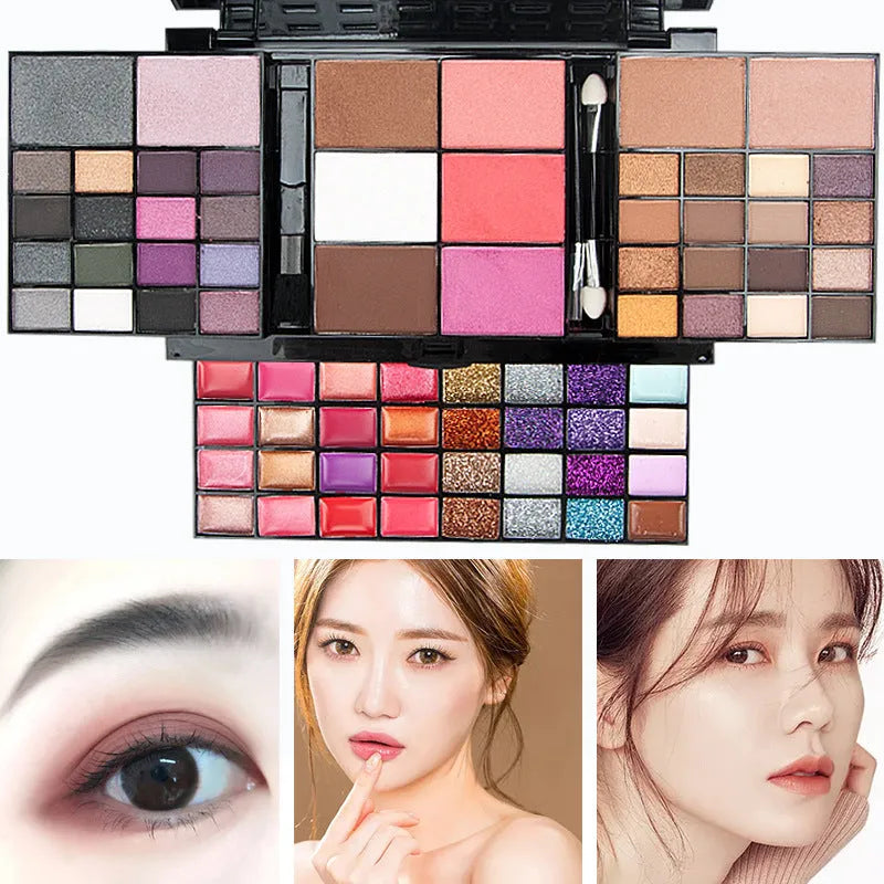 74 colour makeup palette open to show eyeshadows, lip glosses, and face powders with included brushes