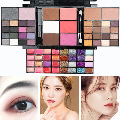 74 colour makeup palette open to show eyeshadows, lip glosses, and face powders with included brushes
