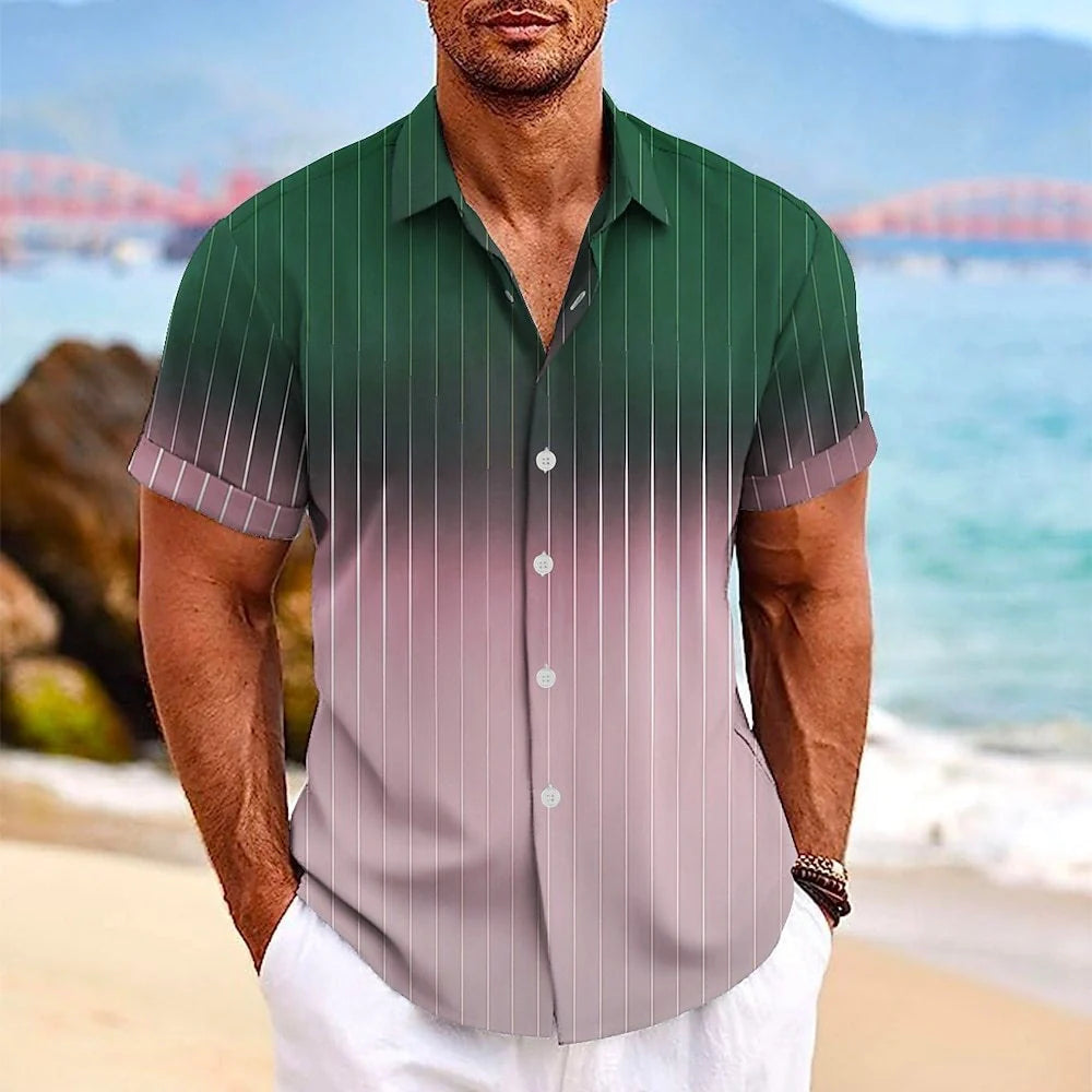 Men's gradient striped short-sleeved shirt with lapel button detail