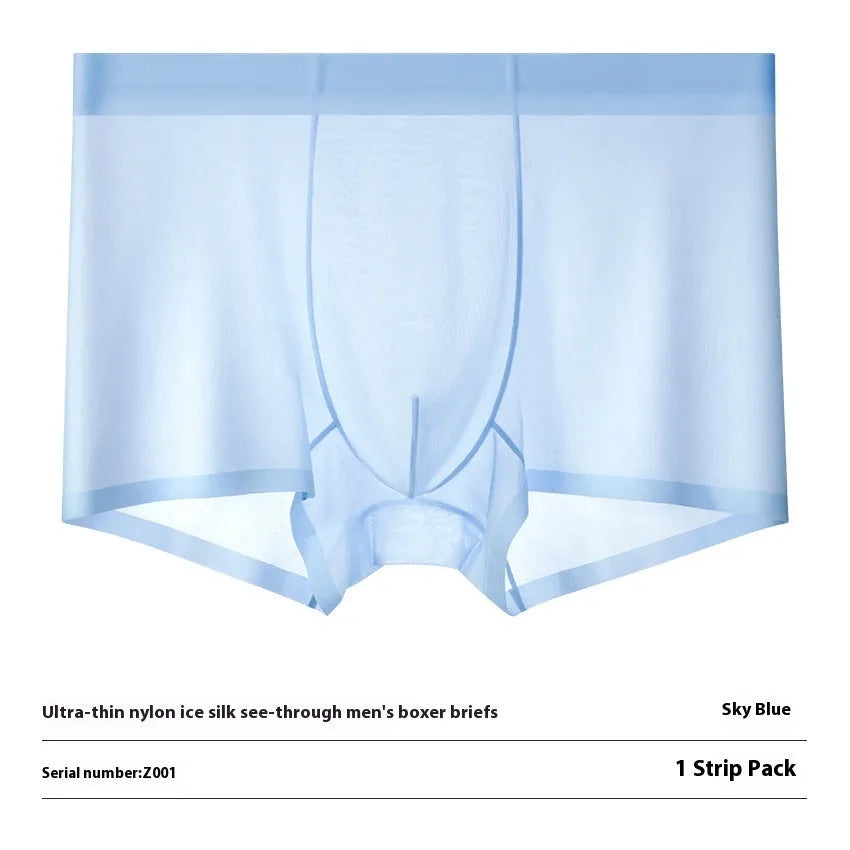 Men's ultra-thin ice silk boxer briefs in purple, shown flat to highlight seamless design.