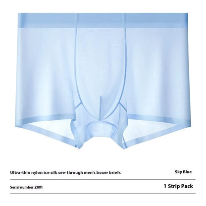 Men's ultra-thin ice silk boxer briefs in purple, shown flat to highlight seamless design.