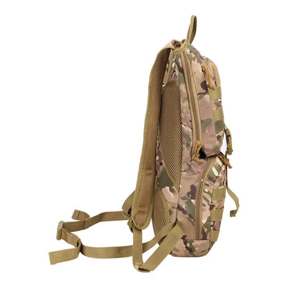 Green camouflage cycling hydration backpack with large main compartment and ergonomic back panel.
