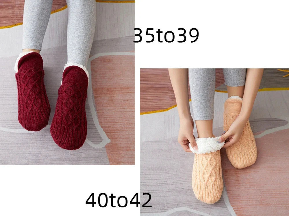 Winter woolen socks with V-opening design and anti-slip dots on soles in navy blue colour