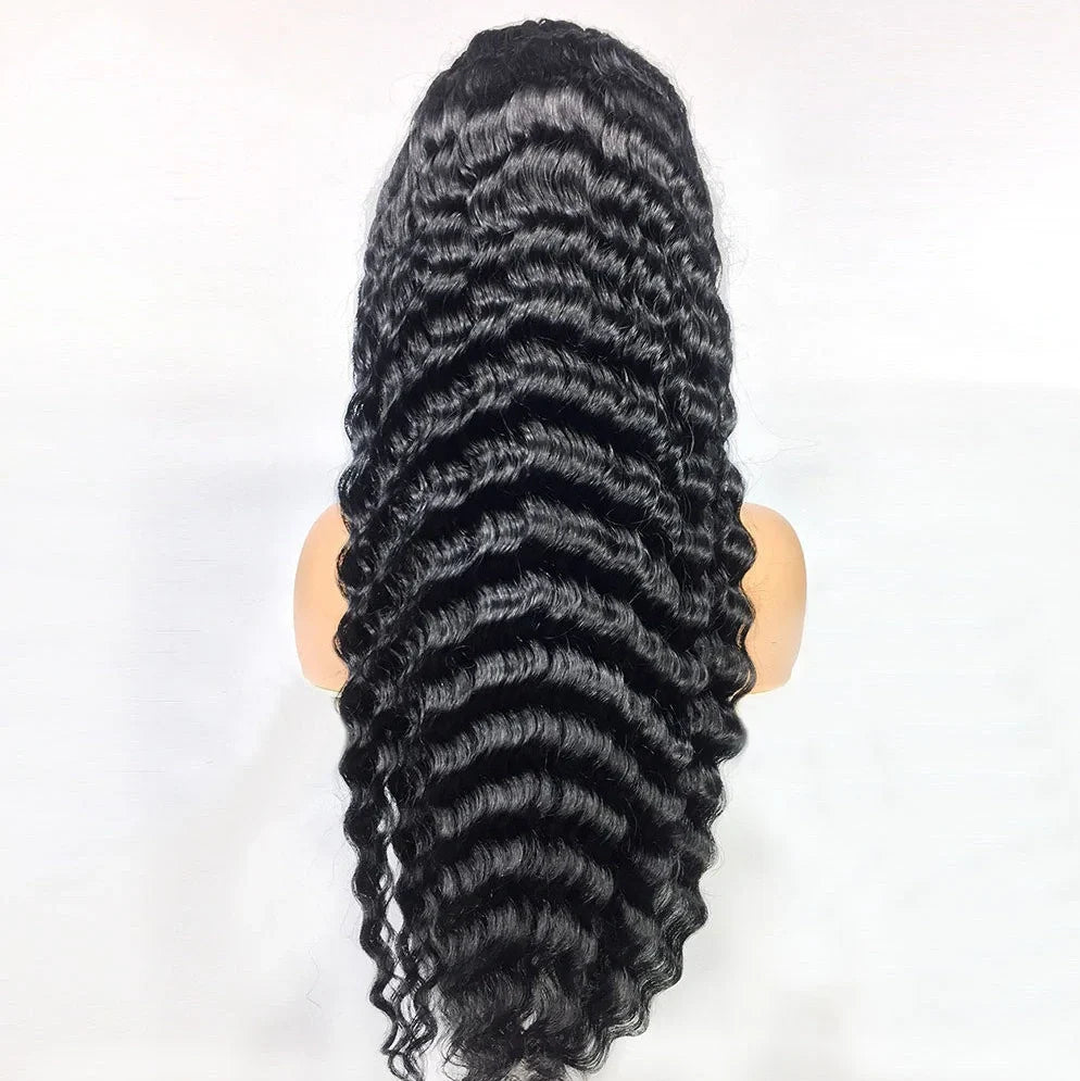 Deep wave human hair lace frontal wig showing natural hairline and wave texture