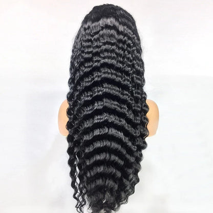 Deep wave human hair lace frontal wig showing natural hairline and wave texture