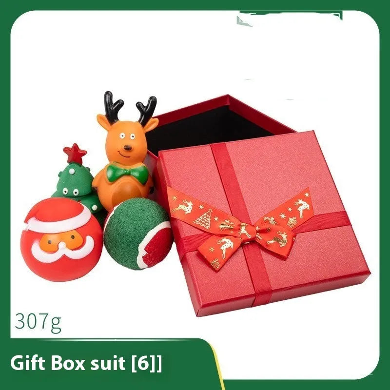 Christmas vinyl dog chew toys set with Santa heads, trees, balls and bite ropes for medium to large dogs