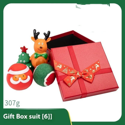 Christmas vinyl dog chew toys set with Santa heads, trees, balls and bite ropes for medium to large dogs