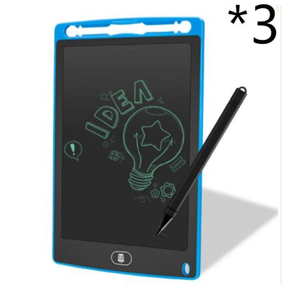 8.5-inch LCD writing board with stylus showing pressure-sensitive writing on blue background