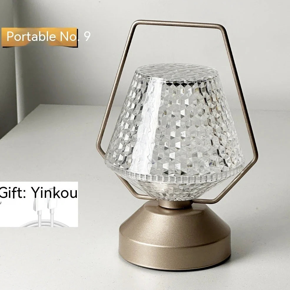 Metal portable ambience light with lantern shape measuring 11×23cm, showing touch controls and 27 colour options