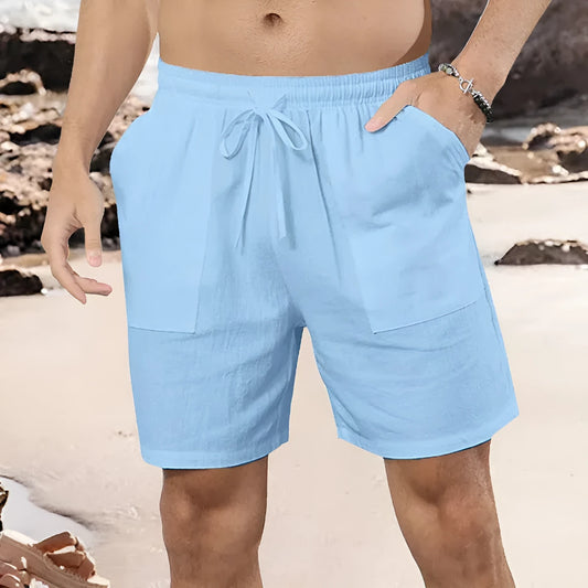 Men's straight leg linen shorts in light blue on a plain background