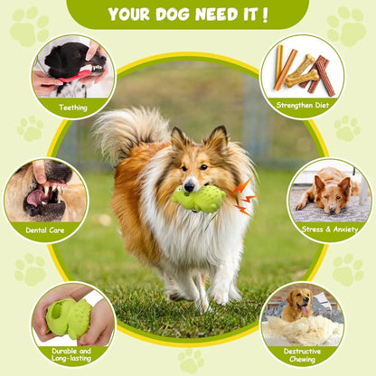 Green and yellow natural rubber dog toy for aggressive chewers with rounded design