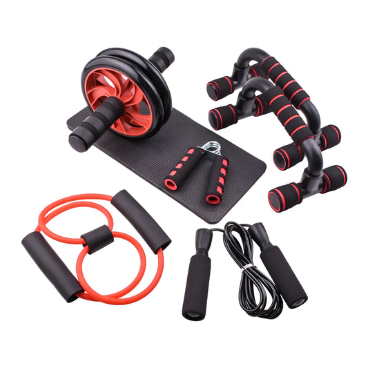 Push-up bracket with seven abdominal wheels in red, green, black, and blue colour options