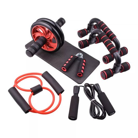 Indoor sports equipment push-up bracket set with seven abdominal wheels in red, green, black, and blue
