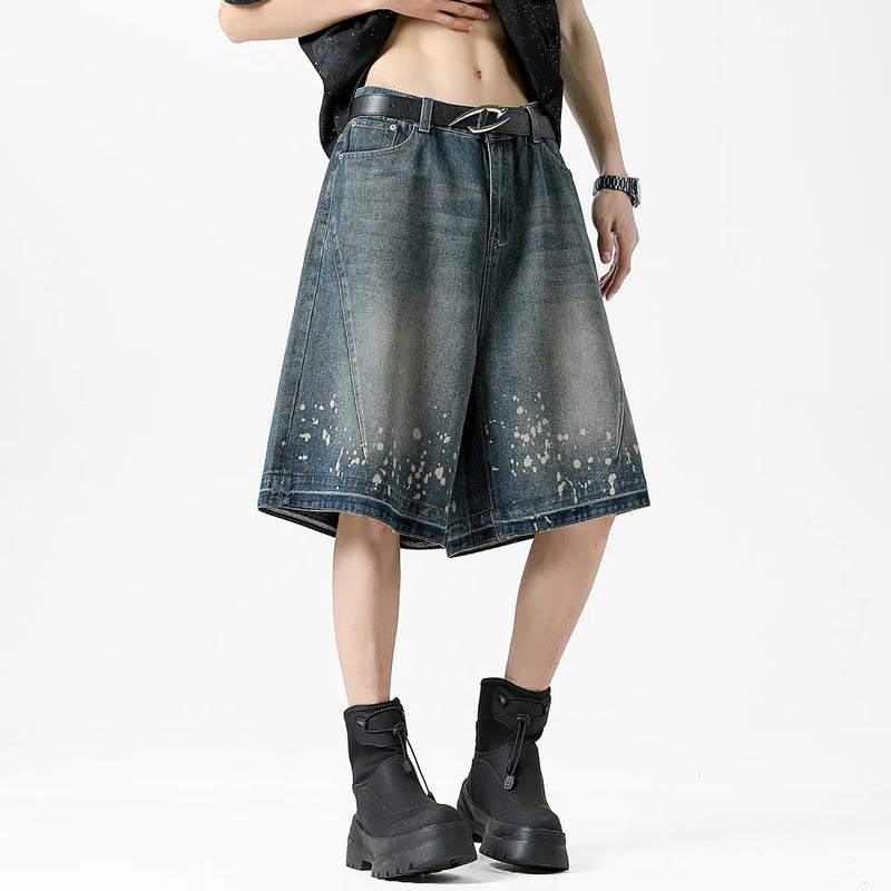 Men's denim shorts straight cut retro blue washed ripped splash ink detail five points fifth pants length inelastic denim fabric available in sizes S M L XL 2XL 3XL