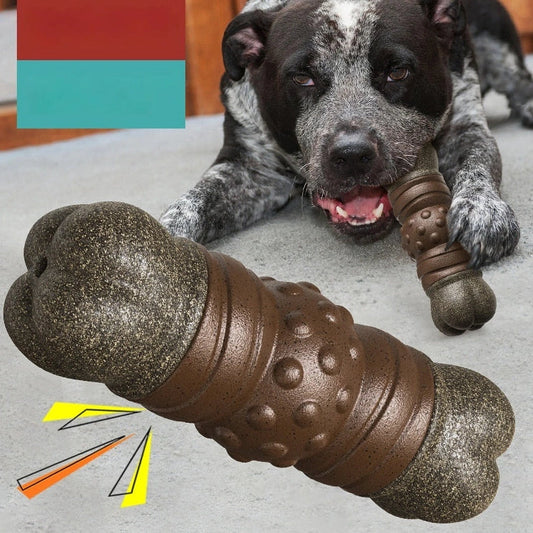 Wood colour plastic dog dental toy with textured surfaces measuring 15cm long for canine oral hygiene