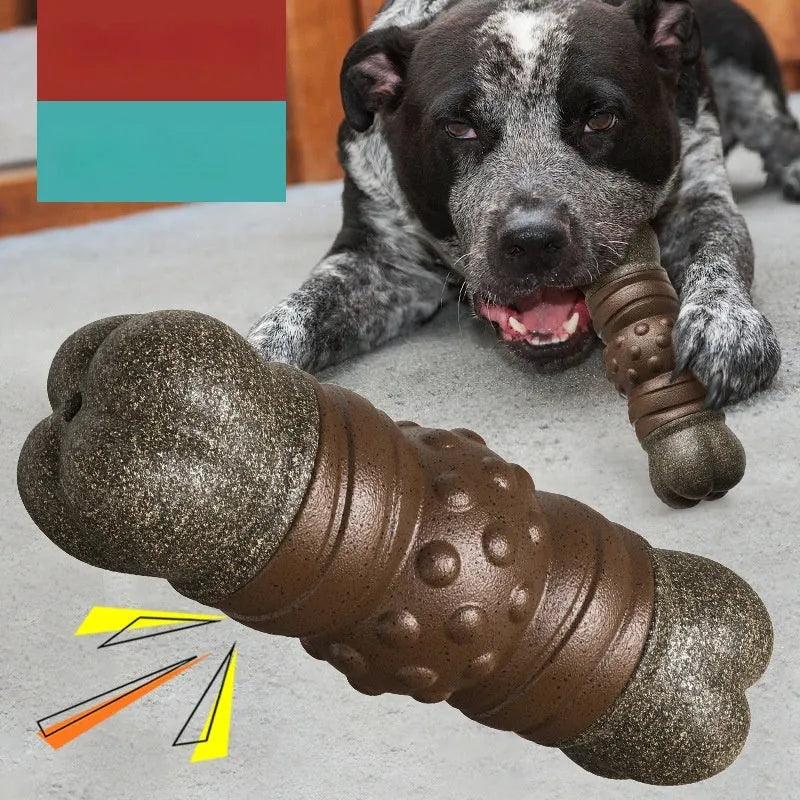 Wood-coloured plastic dog dental chew toy with textured surface for plaque control