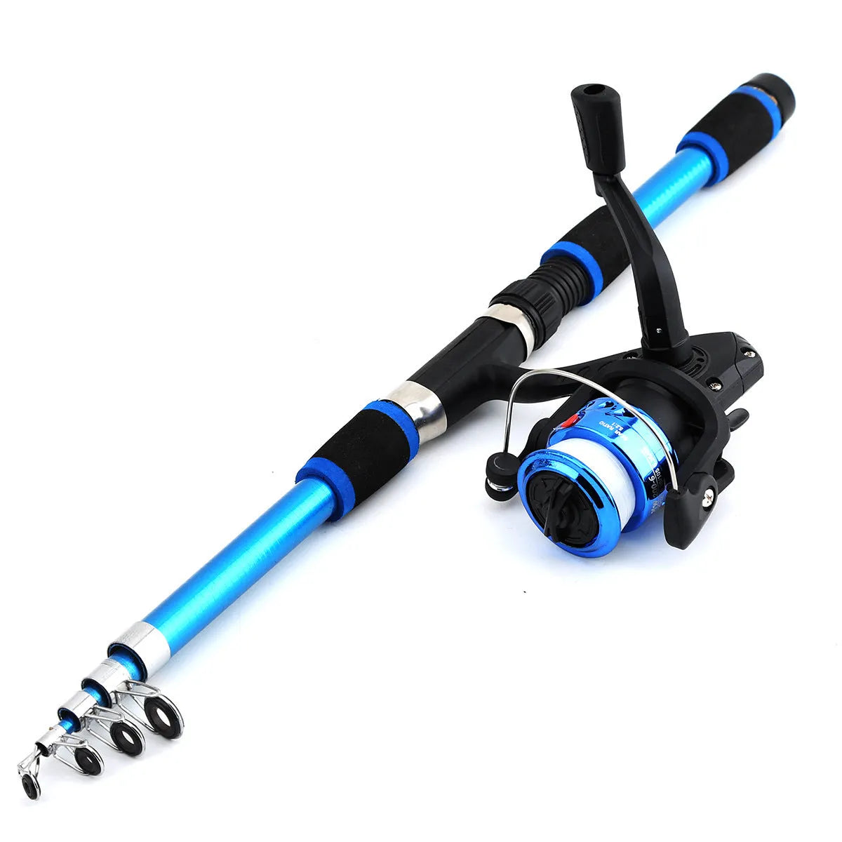 Children's fishing rod and reel set with pole, wheel, and bait accessory box in blue colour