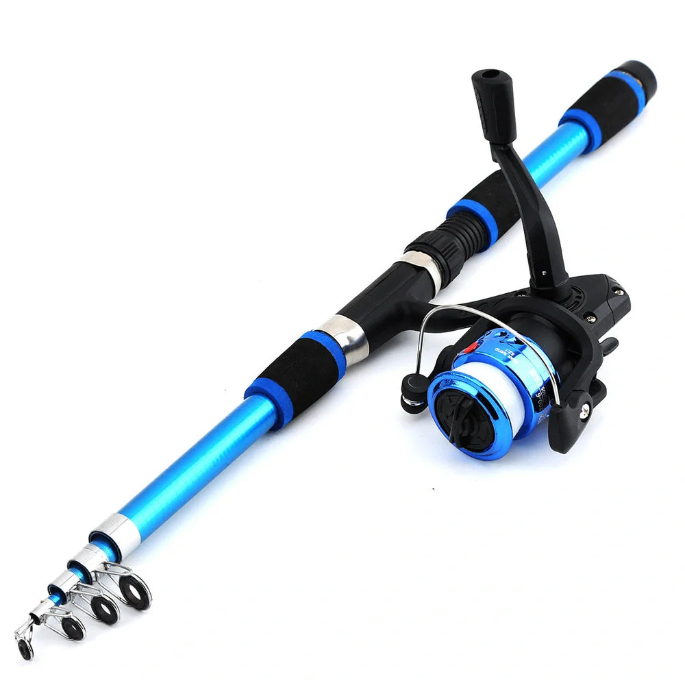Children's fishing rod set with pole and wheel in four colour options including bait accessory box