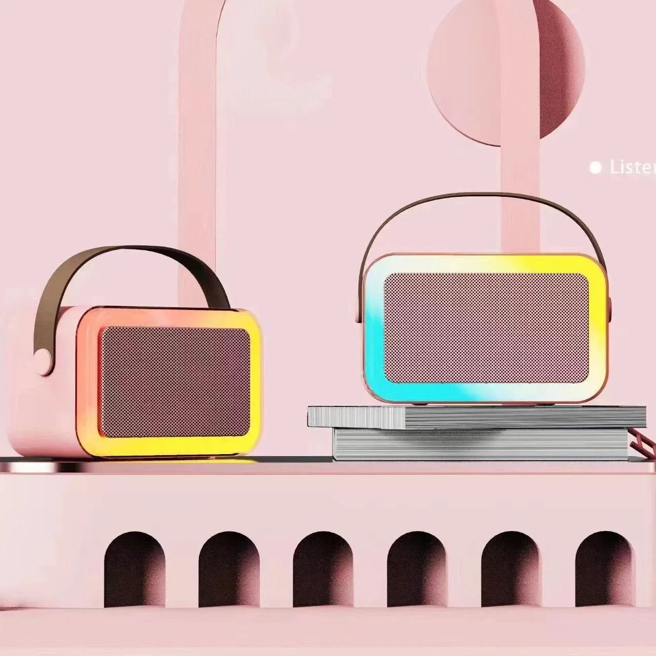 Portable Bluetooth karaoke microphone speaker with coloured LED lights in pink colour option showing microphone input and control buttons