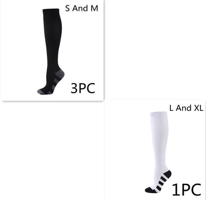 Athletic compression socks with three-bar design in black, pink, and white