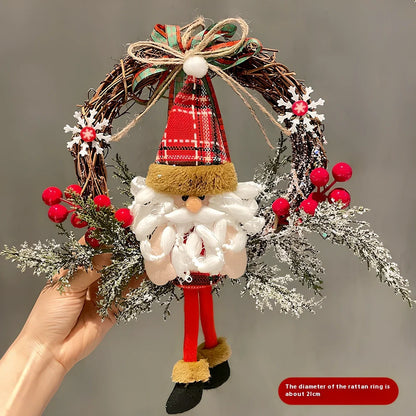 Wooden Christmas rattan ring with Santa Claus bow pendant, 21cm diameter natural decoration