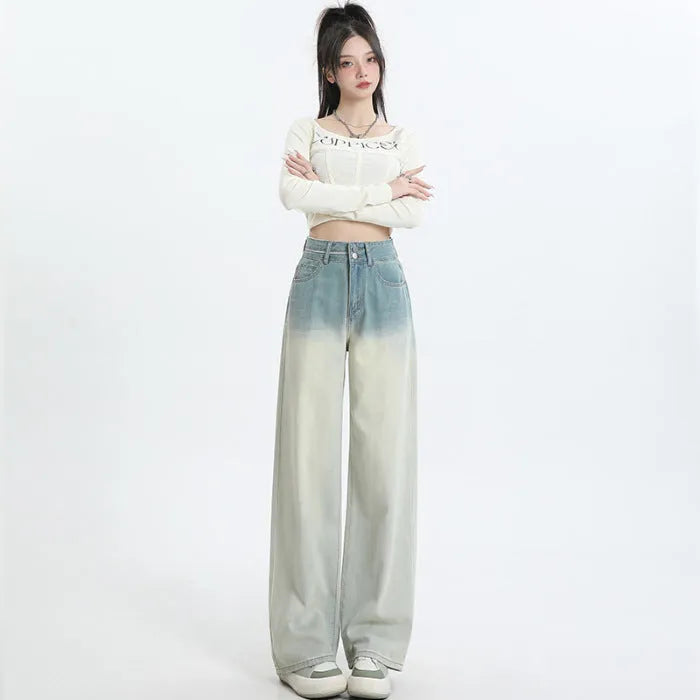 Gradient blue straight-leg trousers for women in denim with cotton composition, size range XS to 2XL