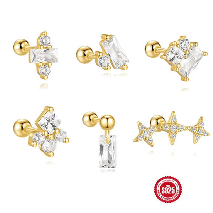 S925 sterling silver floral stud earrings with square gravel detail in a golden electroplated finish.