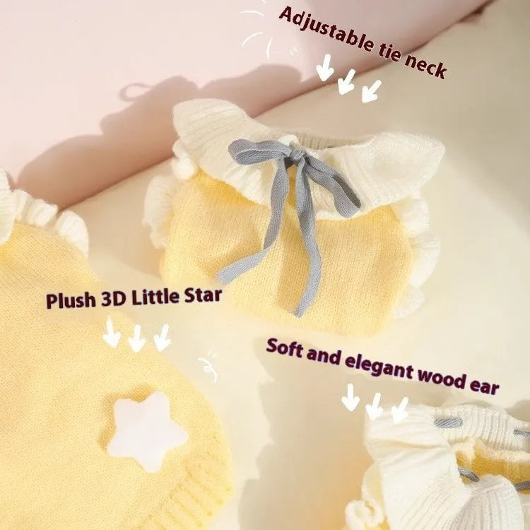 Yellow and patterned fairy dress style acrylic dog sweaters for small puppies in autumn.