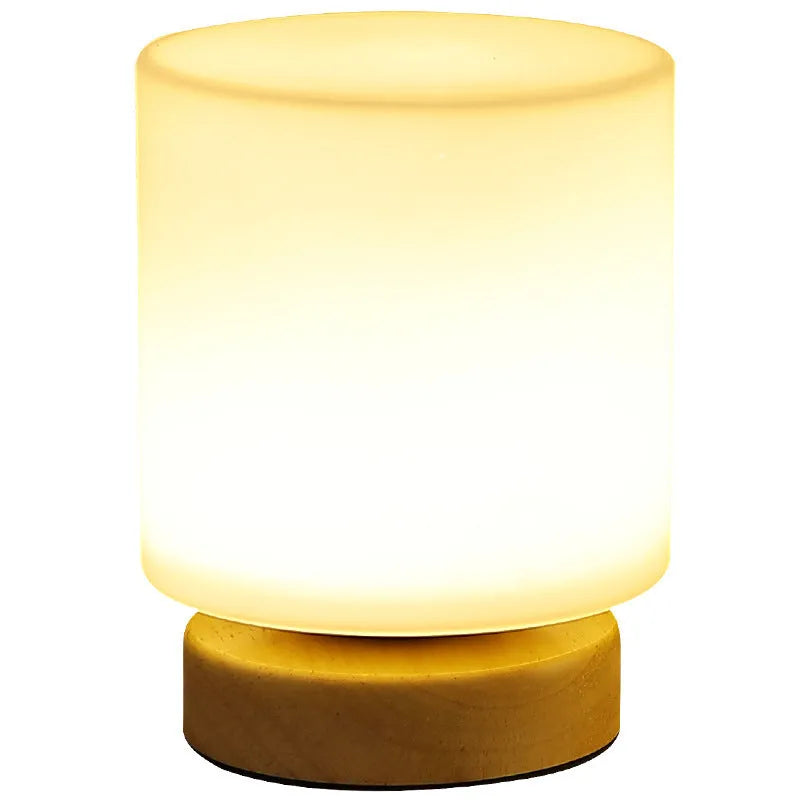 Nordic solid wood USB table lamp with touch dimming, 150x180mm size, and white light shapes on a bedside table