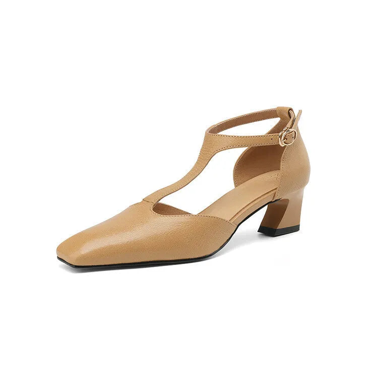 Wine red women's chunky heel shoes with a square toe and sheepskin leather upper.