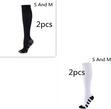 Athletic compression socks with three-bar design in black, pink, and white