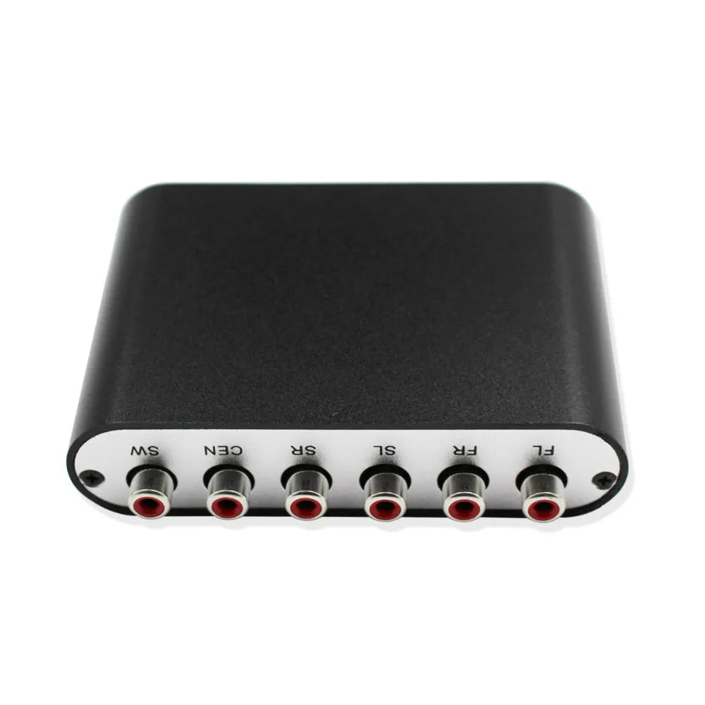 Compact black DTS Dolby Digital AC-3 audio decoder with optical and coaxial inputs for 5.1 channel surround sound conversion.
