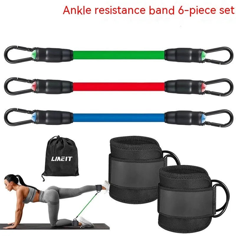 Yoga exercise hip lifting and leg shaping ankle buckle tension band set with three resistance levels - 10, 20, and 30 pounds - made from TPE material for adult fitness routines including foot loops and storage bag