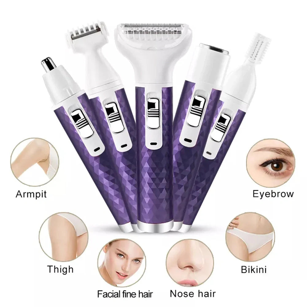 Portable electric razor for women with 5-in-1 functionality for painless hair trimming