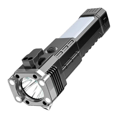Silver portable LED flashlight with power bank functionality and IP44 water resistance rating