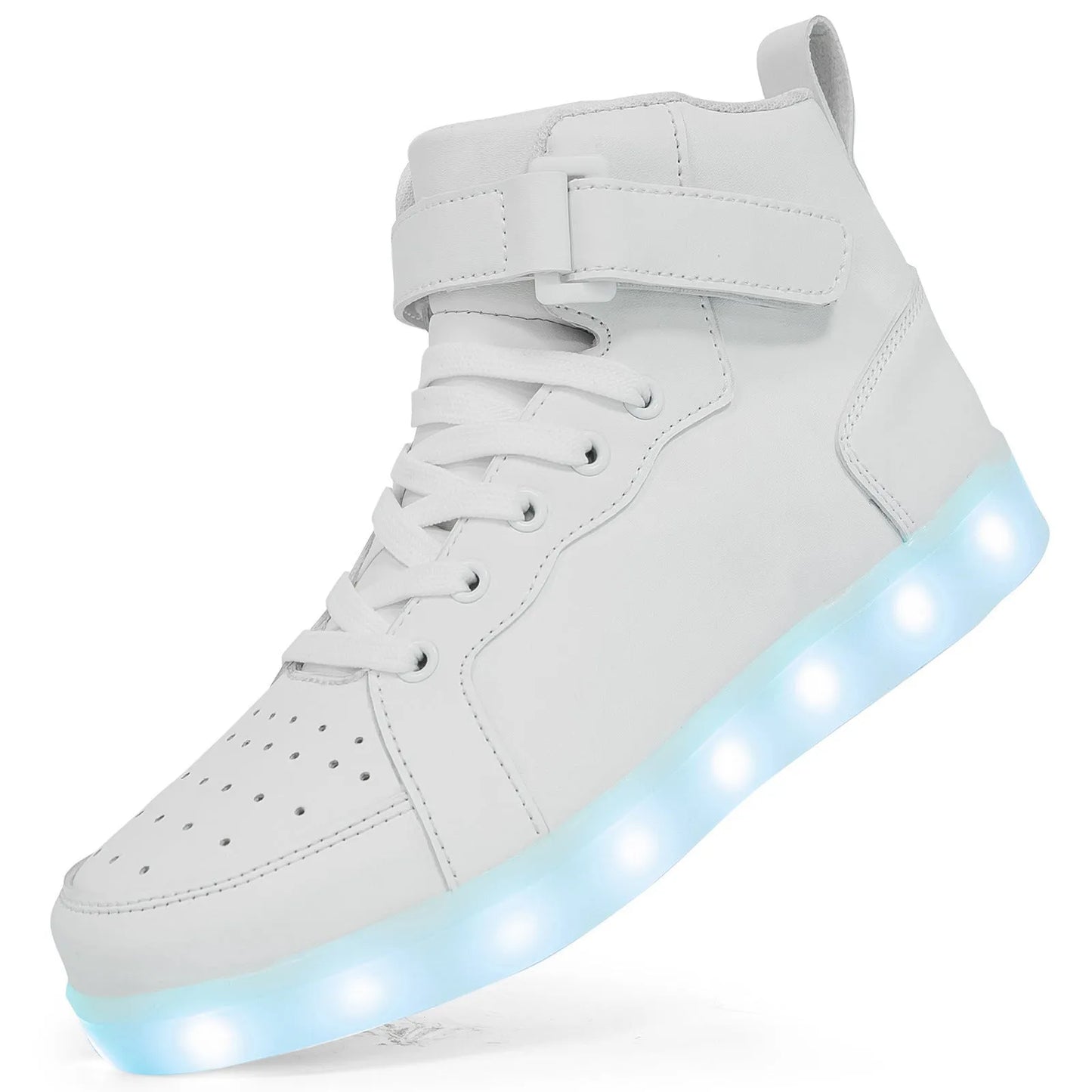 LED light-up high-top sneakers with Velcro strap in multiple colours on a dark background.