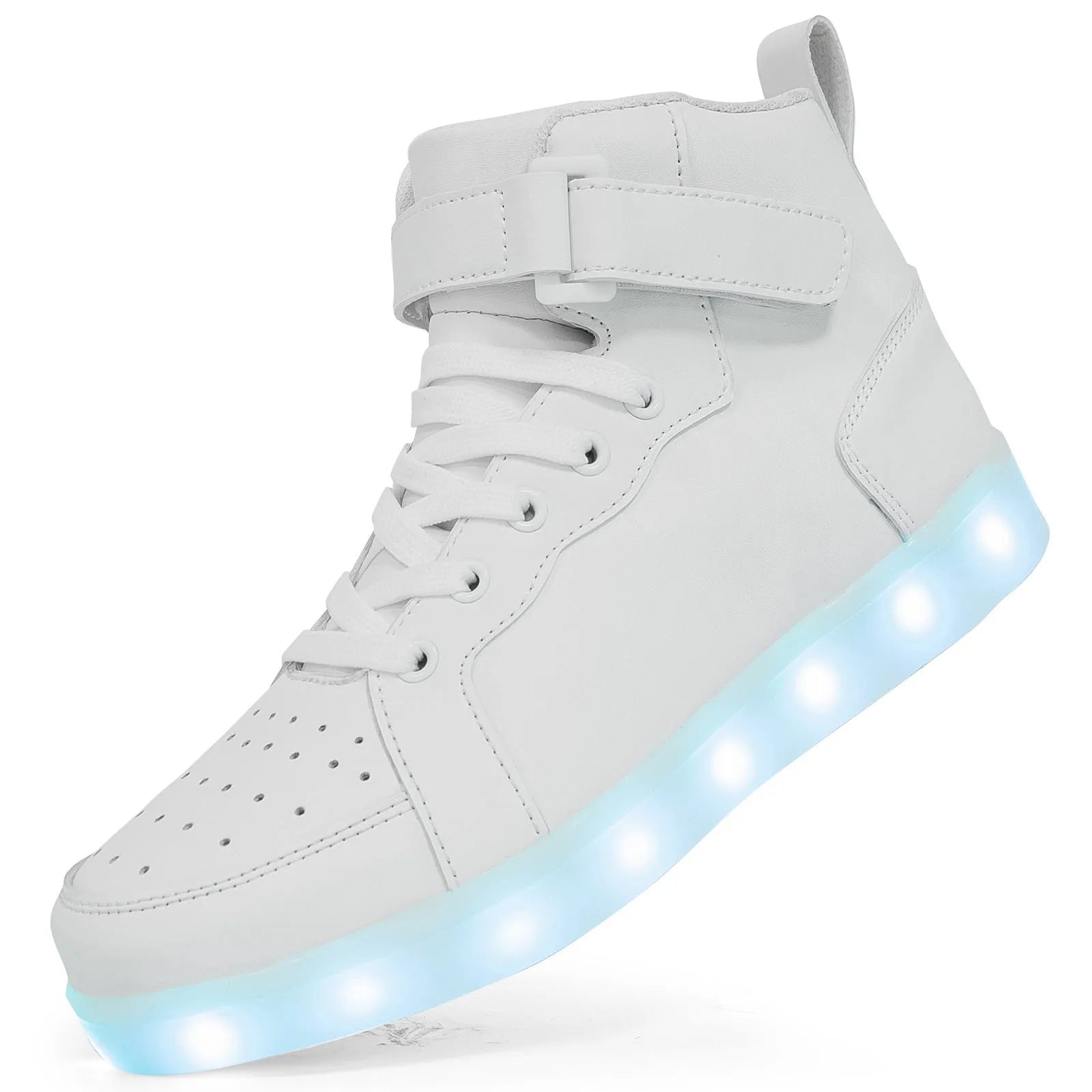 LED light-up high-top sneakers with Velcro strap in multiple colours on a dark background.