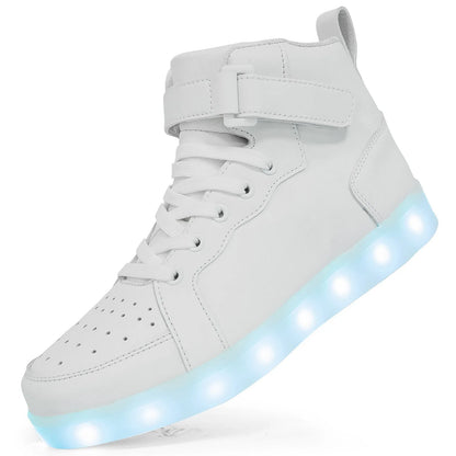 LED light-up high-top sneakers with Velcro strap in multiple colours on a dark background.