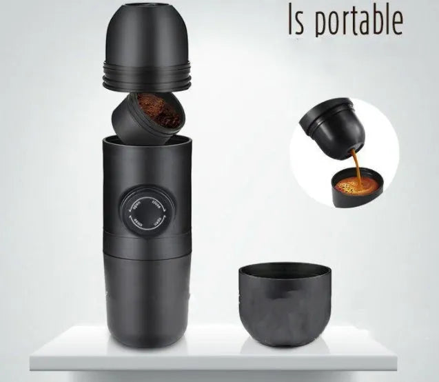 Black portable manual coffee machine with pressure gauge, 6cm wide and 17.5cm tall.
