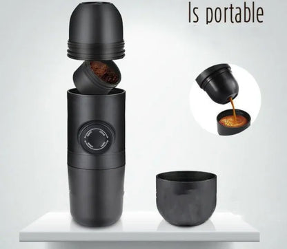 Black portable manual coffee machine with pressure gauge, 6cm wide and 17.5cm tall.