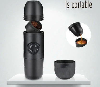 Portable espresso maker with black color, compact size, and premium stainless steel and silicone construction